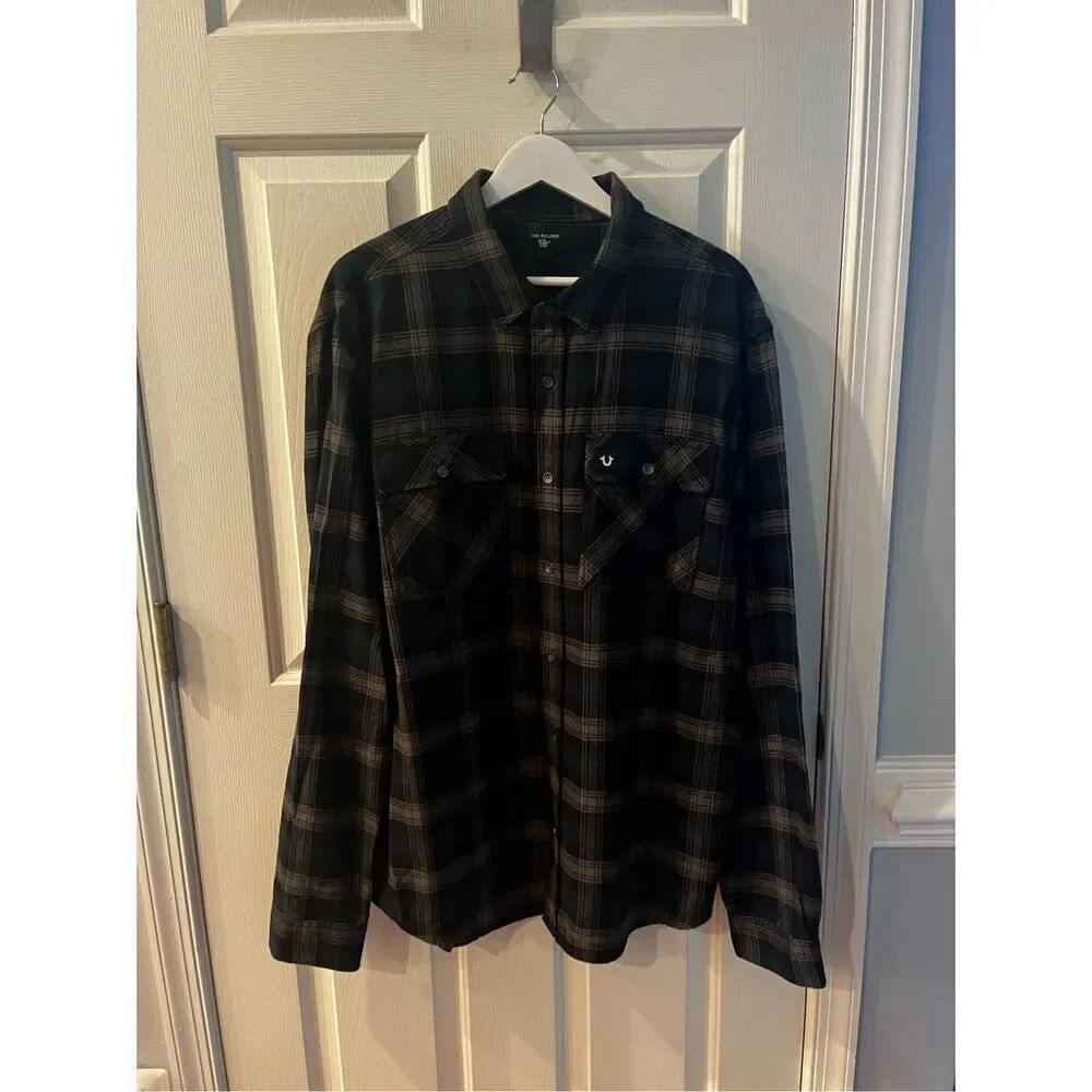 True Religion Triple Needle Plaid Blue Black Gray Flannel Button Down Shirt sz X